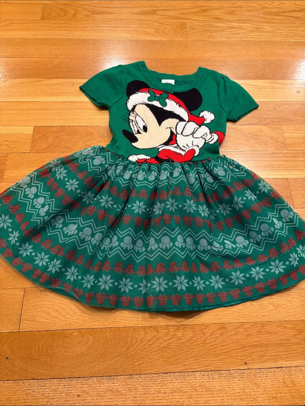 Disney Green Minnie Mouse Holiday Knit Dress with Red Accents